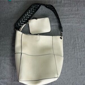 COLAB Ivory Studded Shoulder Bag with Black Strap and Matching Pouch